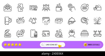 Wallet, Web mail and 360 degrees line icons for web app. Pictogram icon. Line icons. Vector Stock Vector