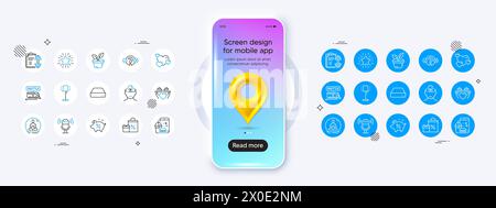 Food order, Microphone and Dumbbell line icons. For web app, printing. Phone mockup with 3d map pin icon. Vector Stock Vector