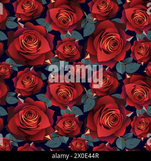 Red velvet blossoming roses floral seamless pattern print Stock Vector