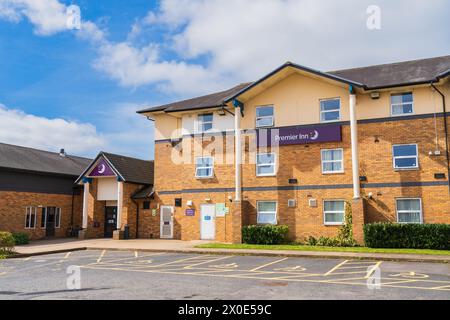 Wolverhampton, UK – April 11 2024: External signage of a Premier Inn hotel, a UK based hotel chain Stock Photo