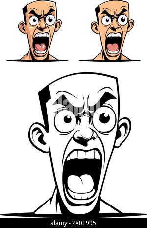 Set of Angry bald man head vector illustration Stock Vector
