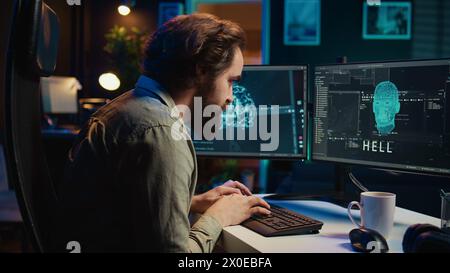 Computer engineer updating artificial intelligence algorithm, surprised after it gains sentience. Developer programming complex AI, evolving it into self aware AGI, confused by result Stock Photo