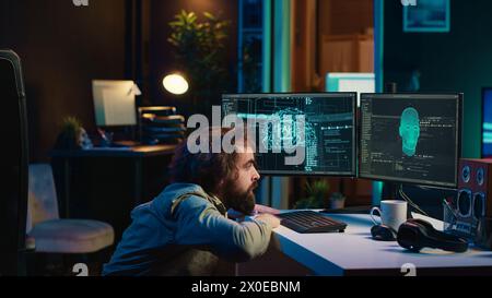 Shocked man falling from chair in disbelief after awakening AI using VR technology. Startled developer dropping from desk after artificial intelligence starts asking existential questions, camera A Stock Photo
