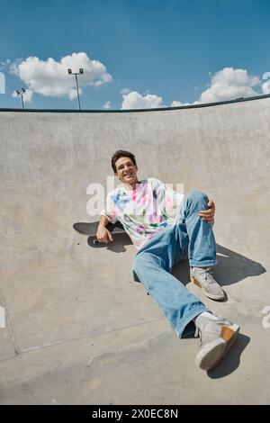A young skater boy gracefully sits on his skateboard, skillfully maneuvering through the skate park on a sunny summer day. Stock Photo
