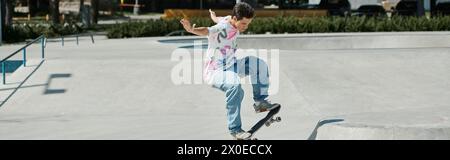 A young man skillfully rides his skateboard up the side of a ramp at a skate park on a sunny summer day. Stock Photo