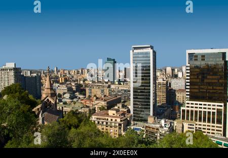 city center viewed from Santa Lucia Hill (Cerro Santa Lucia) in Santiago - Chile's capital, financial center and it's largest city, founded in 1541 Stock Photo