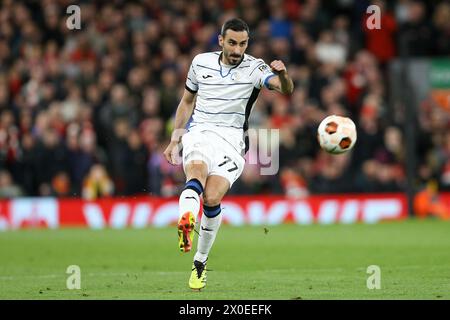 Liverpool, UK. 11th Apr, 2024. Davide Zappacosta of Atalanta in action. UEFA Europa League, Quarter-final 1st leg match, Liverpool v Atalanta at Anfield in Liverpool on Thursday 11th April 2024. this image may only be used for Editorial purposes. Editorial use only. pic by Chris Stading/Andrew Orchard sports photography/Alamy Live news Credit: Andrew Orchard sports photography/Alamy Live News Stock Photo