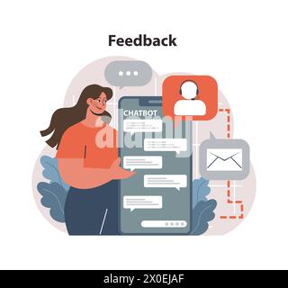 Feedback in digital communication concept. Woman interacts with chatbot while sharing opinions. Efficient customer service meets user experience. Flat vector illustration Stock Vector