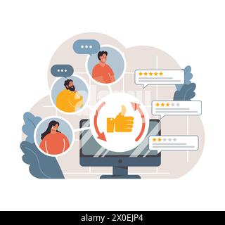 Diverse employees around a computer screen showcasing positive feedback and ratings. Embracing diversity in digital workplace feedback systems. Flat vector illustration Stock Vector