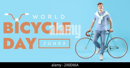 Young man with bicycle on blue background. Banner for World Bicycle Day Stock Photo