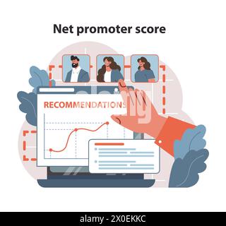 Net promoter score concept. Analyzing customer reviews on a laptop, measuring business performance and client satisfaction with visualized growth curve. Feedback importance. Flat vector illustration. Stock Vector