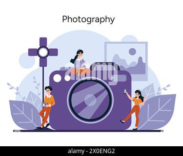 Photography passion. Creatively capturing the essence of moments, characters interact with an oversized camera, highlighting the captivating world of photography. Vector illustration Stock Vector