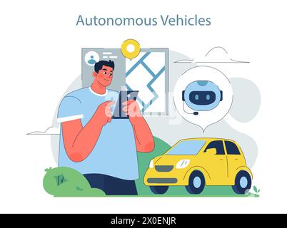 Autonomous Vehicles concept. Man using tablet to interact with self-driving car. Integration of AI in transportation. Urban tech lifestyle. Stock Vector