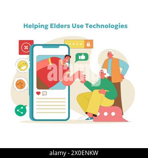 Intergenerational tech tutorial concept. Young man assisting seniors with smartphones. Elder digital engagement and social media literacy. Helping grandparents learn technologies. Vector illustration Stock Vector