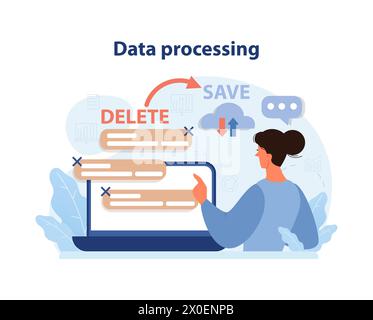 Data processing concept. A woman digitally organizes information, selecting options to save or delete, optimizing content for efficient management. Enhancing online workflow. Flat vector illustration Stock Vector