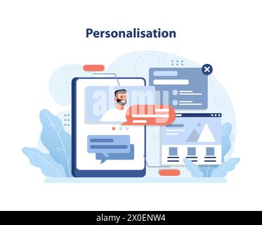 Personalisation concept. Custom user experience on digital tablet. Chat bubbles, webpage layouts. Tailored content for individual. Flat vector illustration Stock Vector