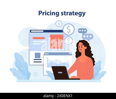 Market penetration concept. Expert devises pricing strategy on laptop amidst finance icons. Optimizing product cost. Digital analysis. Flat vector illustration. Stock Vector