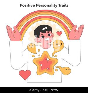 Delightful vector illustration of a character radiating positive personality traits, enveloped by a vibrant rainbow and joyful emoticons, symbolizing optimism Stock Vector