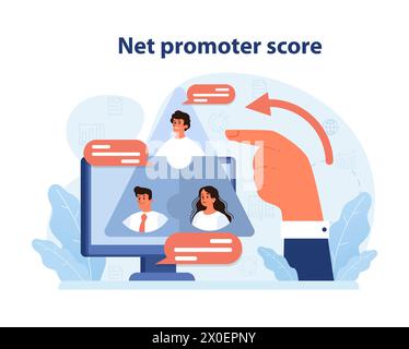 Analyzing Net Promoter Score online, evaluating customer loyalty and satisfaction through feedback. Enhancing business growth with client reviews. Flat vector illustration. Stock Vector