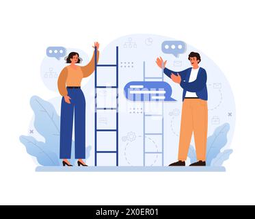 Divergent thinking concept. Duo collaborates on task, arranging digital elements, navigating decisions. Teamwork, solution, digital workspace. Flat vector illustration Stock Vector