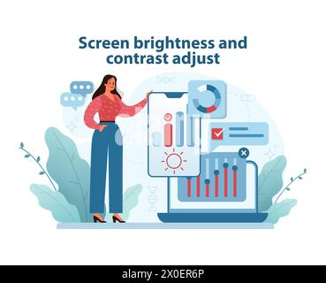 Optimal Screen Settings Illustration. A woman adjusts a display's brightness and contrast, highlighting the importance of proper screen settings for eye comfort. Flat vector illustration. Stock Vector