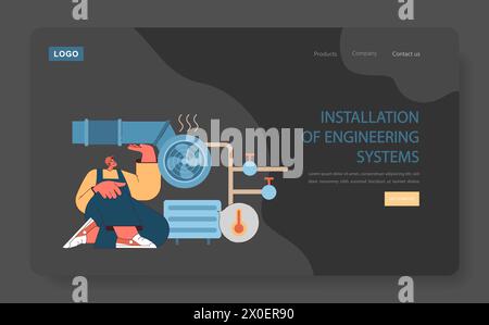 Installation of Engineering Systems concept. A professional engineer adjusts HVAC equipment, ensuring optimal indoor climate control. Flat vector illustration Stock Vector