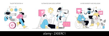 AI for HR set. AI integration in human resources management. Talent retention, automated support, diversity and inclusion. Vector illustration. Stock Vector