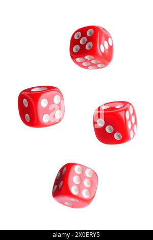 Four red dice in air on white background Stock Photo