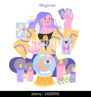 Magician Archetype illustration. A mystical figure performs enchantments, surrounded by magical motifs. Captivating and esoteric vector design. Stock Vector