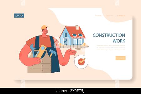Construction Work concept. A smiling worker with tools highlights home building and repair services, ensuring project success. Flat vector illustration Stock Vector
