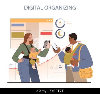 Digital Organizing concept. Family synchronizes schedules and tasks