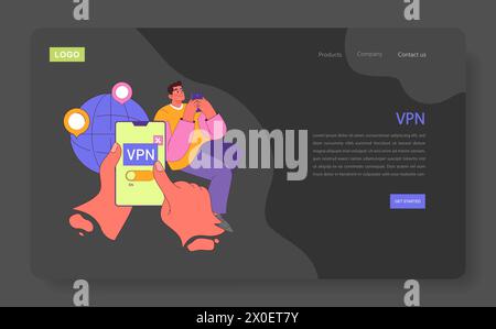 VPN concept. Man blissfully connects to global networks using mobile. Hand toggles VPN for privacy. Surfing safely with global pins. Flat vector illustration. Stock Vector