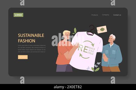 Sustainable Fashion set. Advocating for environmental responsibility with recycled clothing. Men showcasing a t-shirt with eco-conscious message. Circular economy in apparel industry. Stock Vector