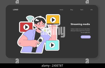 Movie streaming platform night or dark mode web banner or landing page. Man watching film at home with digital online theatre. Television multimedia broadcasting service. Flat vector illustration Stock Vector
