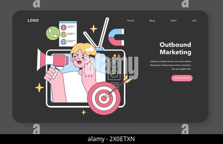 Outbound Marketing concept. Marketer attracts customers with megaphone, targets, and call lists. Reaching potential clients effectively. Flat vector illustration. Stock Vector