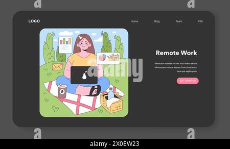 Outdoor workspace concept. Woman with laptop sits on picnic blanket in a park, amidst floating business graphics, coffee, and lunchbox. Work-life balance and nature. Flat vector illustration. Stock Vector