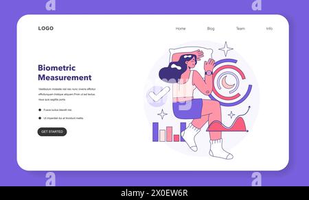 Wearable technology web banner or landing page. Smart device. Character using electronic device to monitor, analyze and transmit personal data. Smartwatches. Flat vector illustration Stock Vector