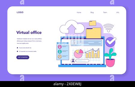 Dynamic digital workspace scene presents cloud uploading, vibrant data analytics, and wireless connectivity. Efficient online tools streamline modern workflow. Flat vector illustration Stock Vector