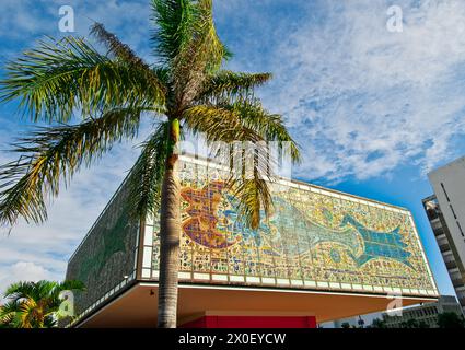 former USA headquarters of Bacardi are two mosaic and mural wrapped, iconic structures visible to planes flying into Miami airport Stock Photo