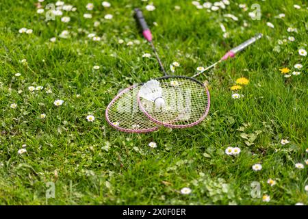 Two badminton rackets and a shuttlecock lie on the green grass. Outdoor recreation and fresh air. The sun's rays. Lawn for playing badminton. Stock Photo
