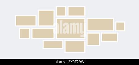 Moodboard or photo collage template. Mosaic art grid arrangement. Beige picture frame horizontal composition. Wall gallery layout design concept for presentation, poster, mockup, banner, flyer. Vector Stock Vector