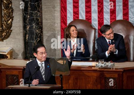 Washington, United States. 11th Apr, 2024. Prime Minister Kishida Fumio of Japan addresses a joint session of the United States Congress in the US House Chamber in the US Capitol in Washington, DC, USA on Thursday, April 11, 2024. Photo by Rod Lamkey/CNP/ABACAPRESS.COM Credit: Abaca Press/Alamy Live News Stock Photo