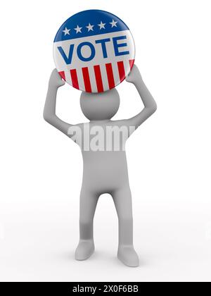 Man holding vote pin badge on white background. Isolated 3d illustration Stock Photo