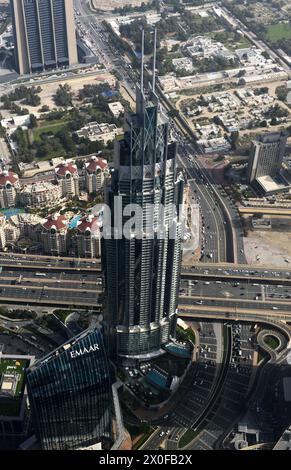 The Kempinski The Boulevard hotel seen from the 148th floor observatory at the Burj Khalifa tower in downtown Dubai, UAE. Stock Photo