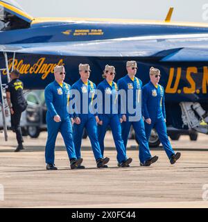 April 07, 2024: Officers of the U. S. Navy Flight Demonstration Squadron Blue Angels (L-R) #6 Commander Thomas Zimmerman, .#5 Lieutenant Commander Griffin Stangel, .#4 Lieutenant Commander Amanda Lee, #3 Lieutenant James Wesley Perkins and .#2 Lieutenant Commander Jack Keilty walk to their Boeing F/A-18 Super Hornet aircraft in preperation of their aerobatic demonstration at the Beyond The Horizon Air and Space Show at Maxwell Air Force Base in Montgomery, Alabama. Mike Wulf/CSM Stock Photo