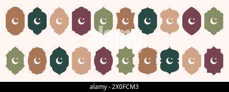 Shape Islamic window Hilal symbol silhouette Arabic arch with star and crescent moon. Pattern frames in oriental style Arabic Muslim design for Stock Vector