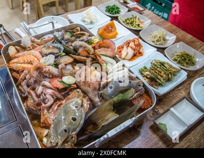 Variety of Korean seafood and other treats with large selection of choices Stock Photo