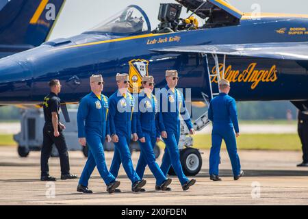 April 07, 2024: Officers of the U. S. Navy Flight Demonstration Squadron Blue Angels (L-R) #6 Commander Thomas Zimmerman, #5 Lieutenant Commander Griffin Stangel, #4 Lieutenant Commander Amanda Lee, #3 Lieutenant James Wesley Perkins and #2 Lieutenant Commander Jack Keilty walk to their Boeing F/A-18 Super Hornet aircraft in preperation of their aerobatic demonstration at the Beyond The Horizon Air and Space Show at Maxwell Air Force Base in Montgomery, Alabama. Mike Wulf/CSM Stock Photo