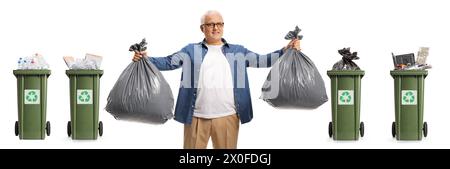 Mature man with waste bags and recycling bins for different materials isolated on white background Stock Photo