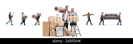 Couple with a cardboard boxes and movers in the back carrying items isolated on white background Stock Photo